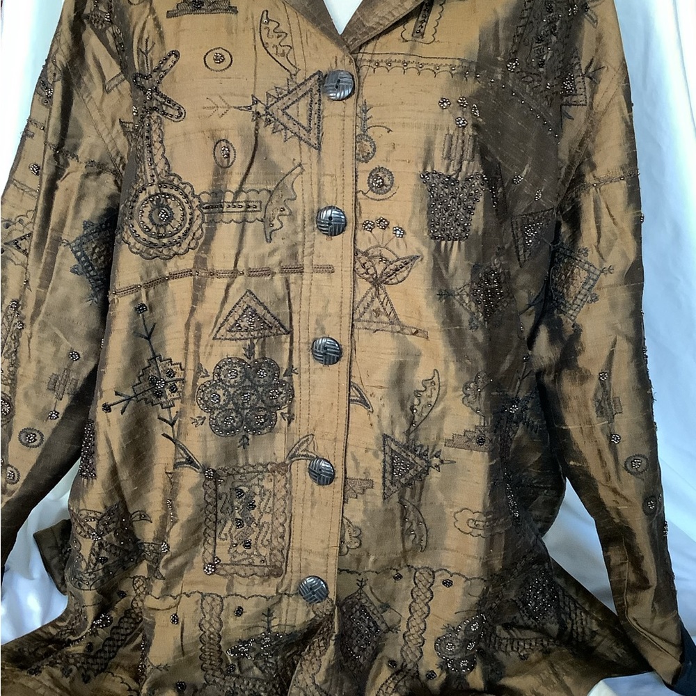 Chico’s Design 100% Silk Embroidery Blazer Jacket Size 2 (Large) Brown Beaded